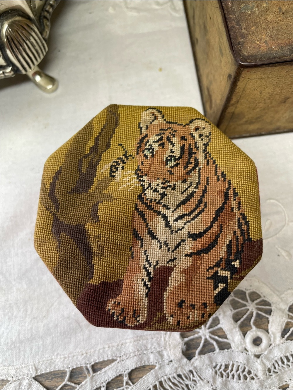 Vintage Petit Point embroidered Tiger box jewelry small trinkets